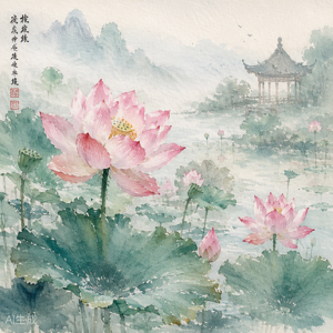 水彩作品《晨荷》